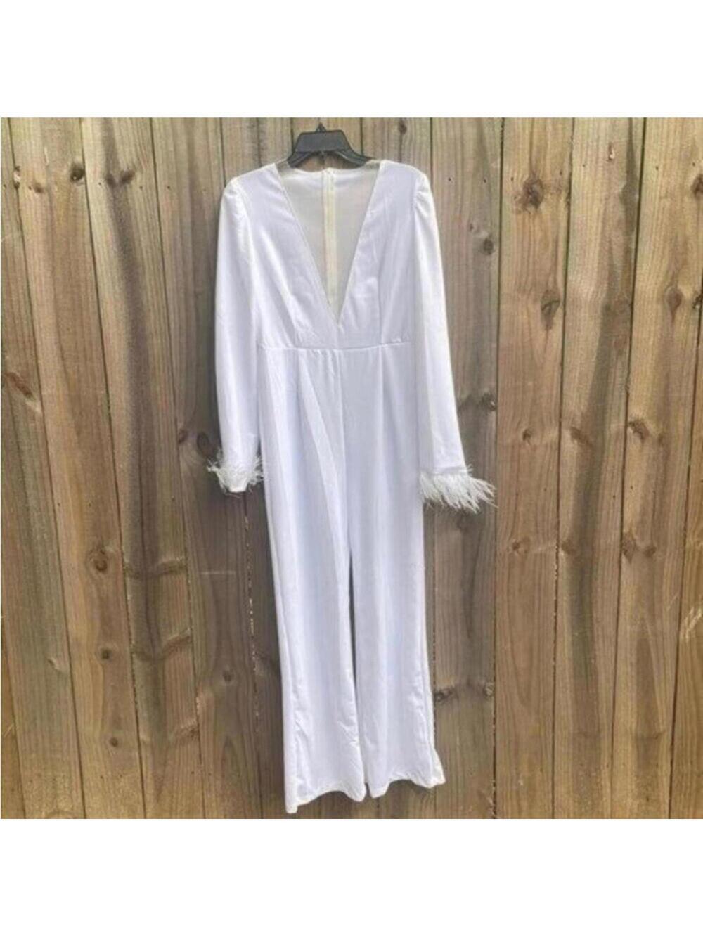 White Long Sleeve Pant Jumpsuit Feather Trim Sleeve Sparkle Bust Stretch